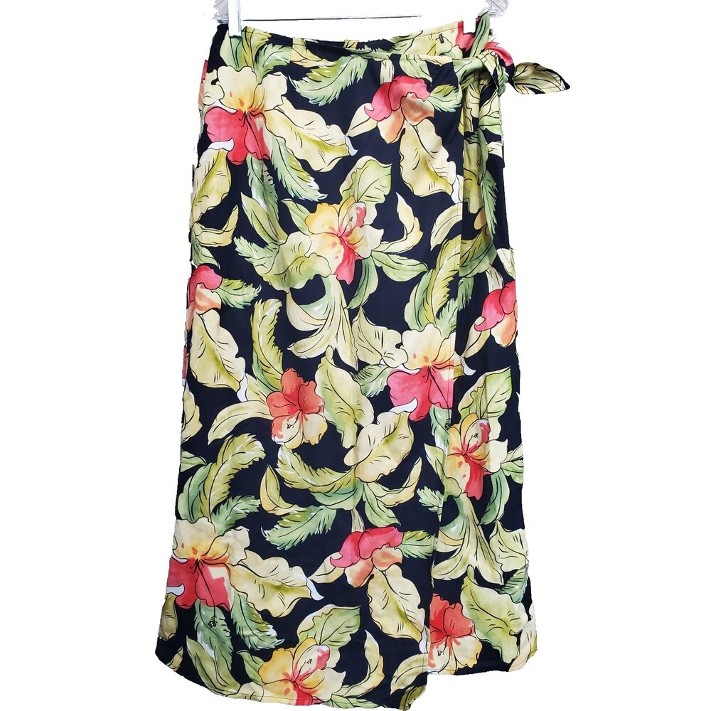 Talbots Petites Vintage Linen Blend Black Floral True Wrap Maxi Skirt Size 12P
